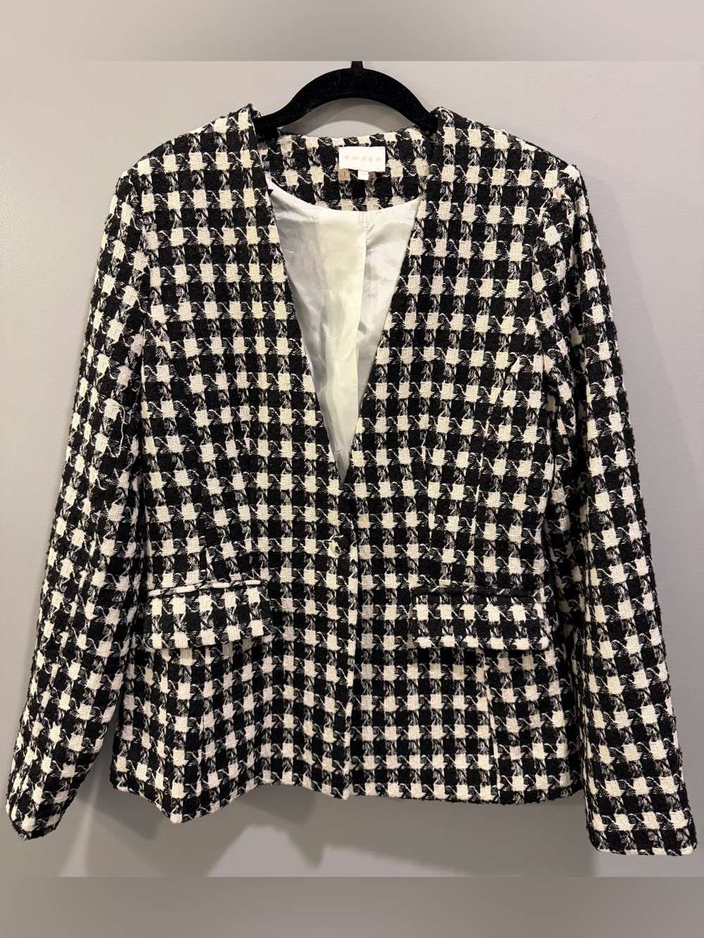 Entro Houndstooth Tweed Button-Detail Blazer Black and White Size M